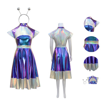 Alien Costume Halloween Alien Costume Metallic For Women Dress With Headband